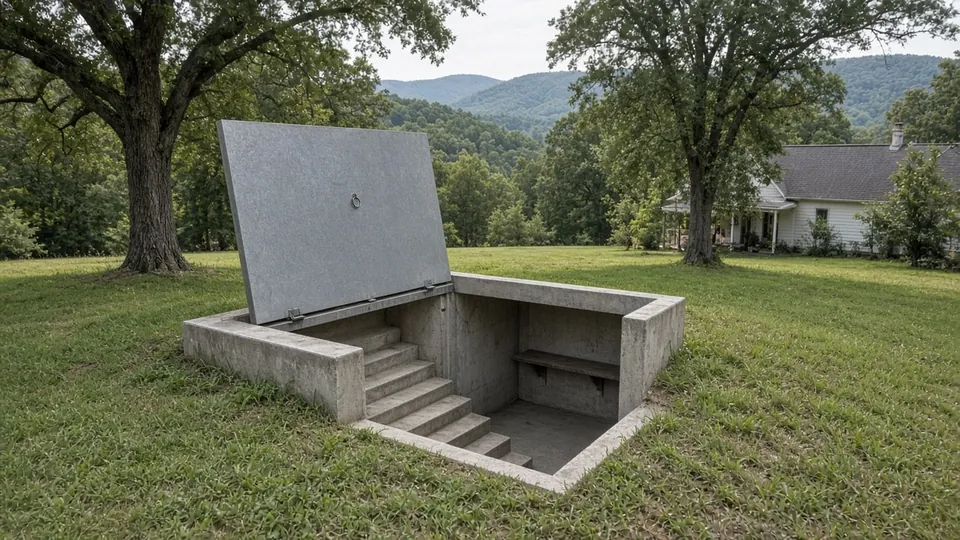 Open in-ground storm shelter with concrete steps in an Arkansas backyard