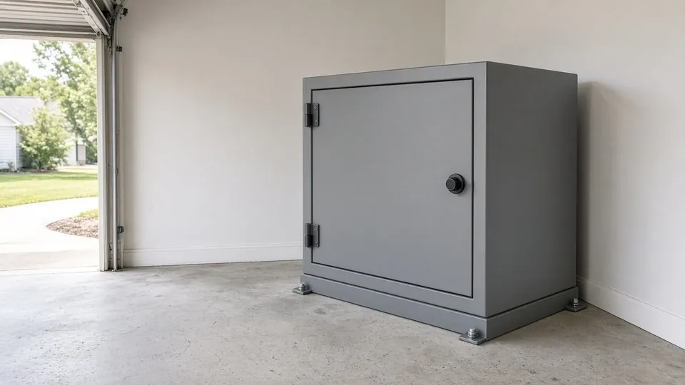 Above-ground steel storm shelter anchored to a garage floor
