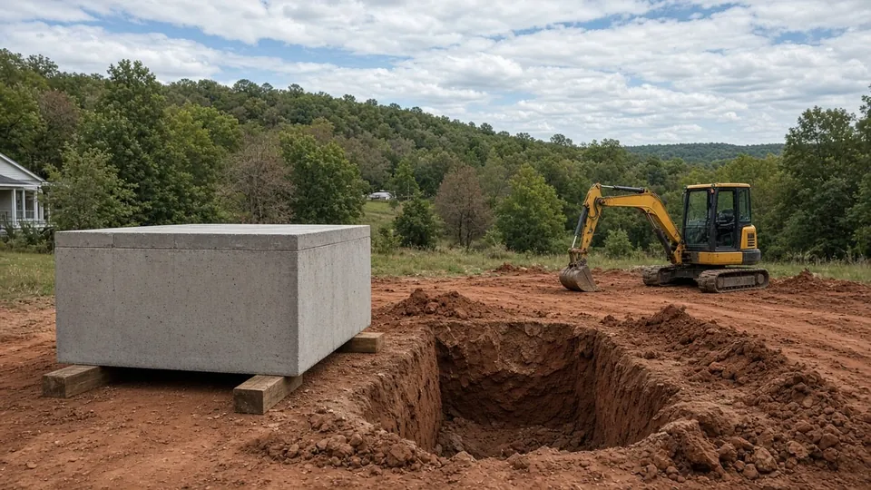 Prefabricated concrete storm shelter unit on a trailer beside an excavated pit